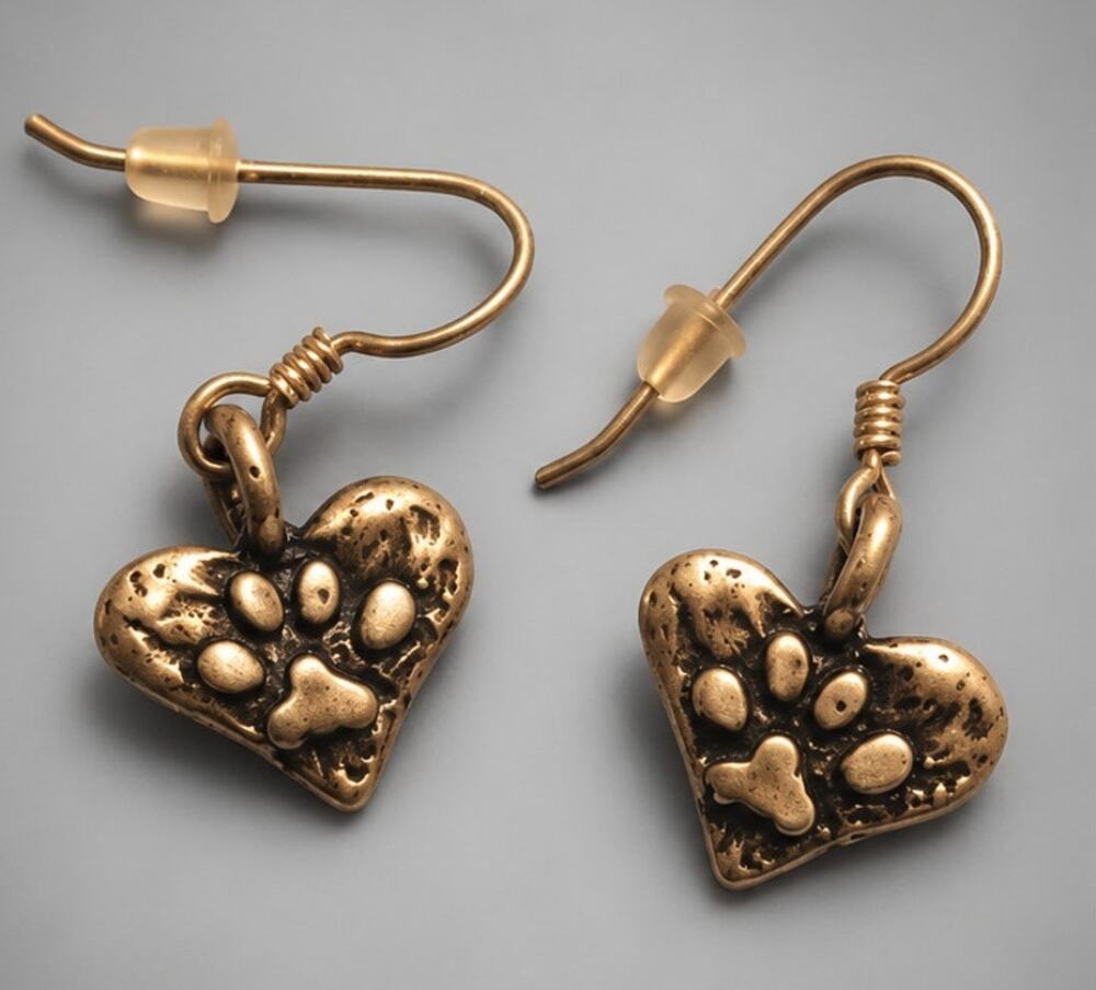 Heart Pierced Dangle Earrings Paw Print Dog Bone 1" Long Silver-tone sp-29